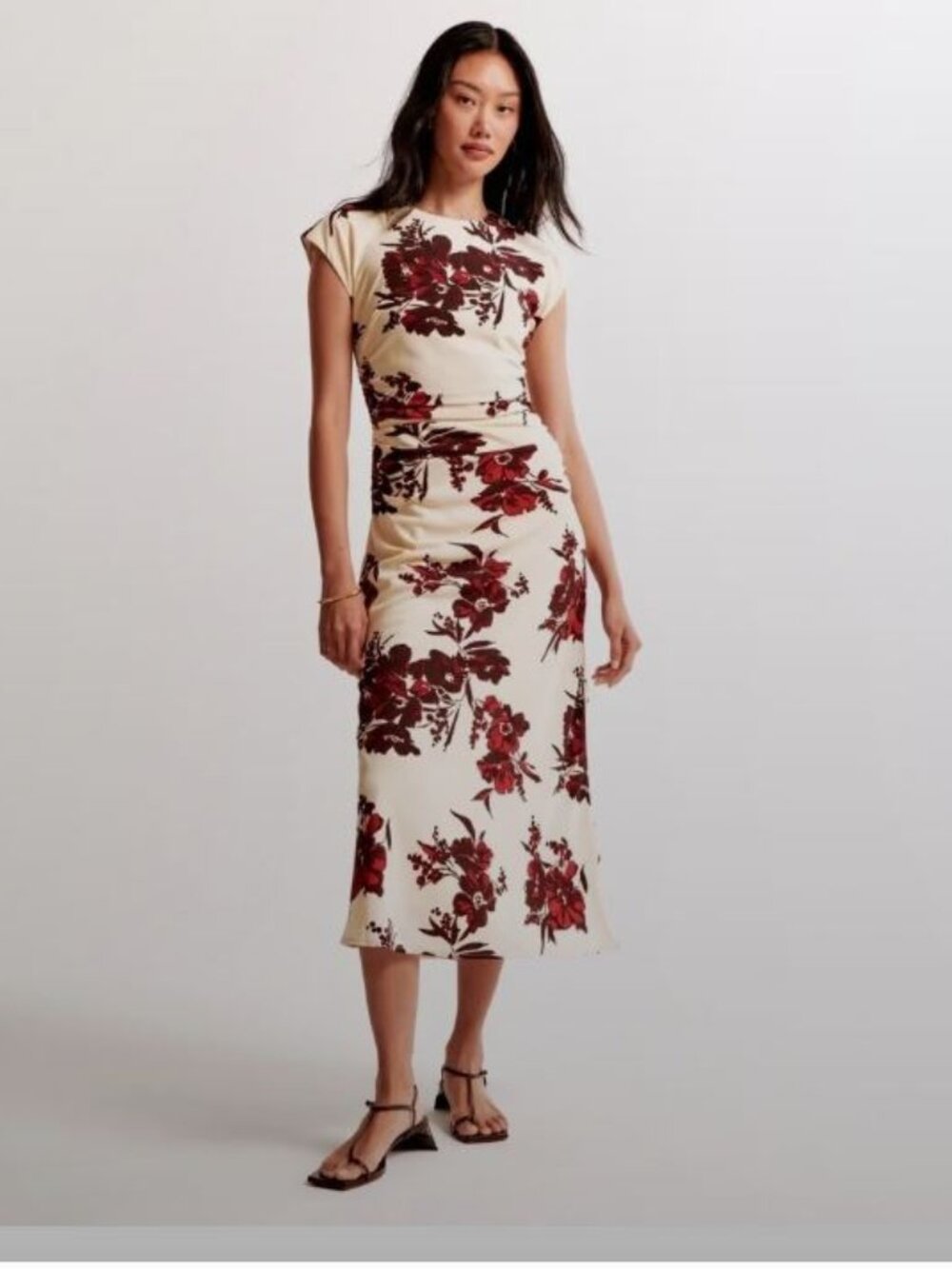 Abercrombie & Fitch | Floral Midi Dress - Cream & Red Sz Small Tall